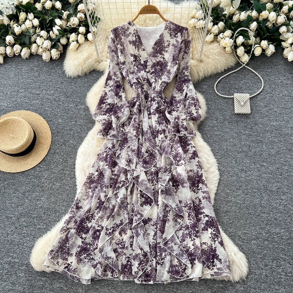 Print Chiffon V-Neck Fitted Maxi Dress