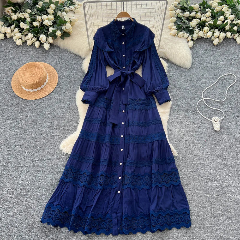 Lace Button-Front Pleated Maxi Dress