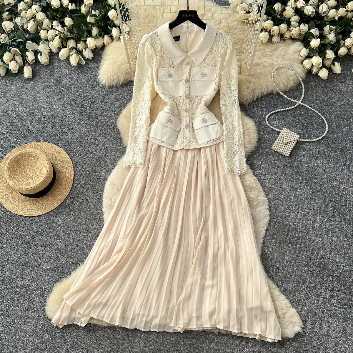 Lace Panel Collared Lantern Sleeve Maxi Dress