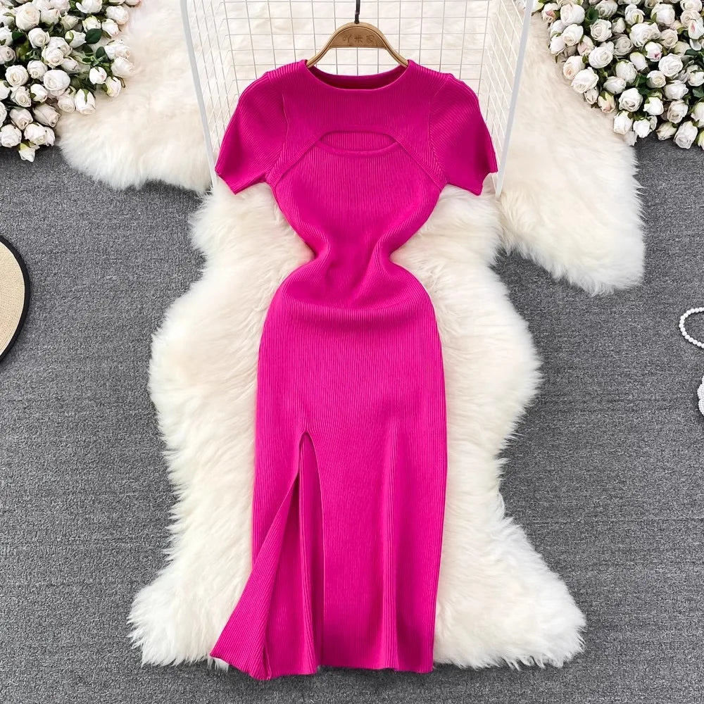 Cutout Chest Split Knit Mini Dress