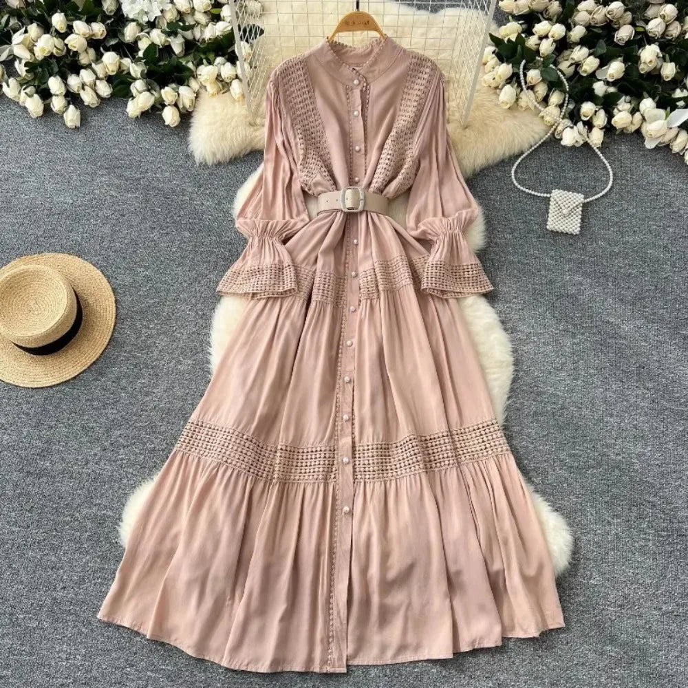 Lace Stand Collar Button Long Sleeve Dress