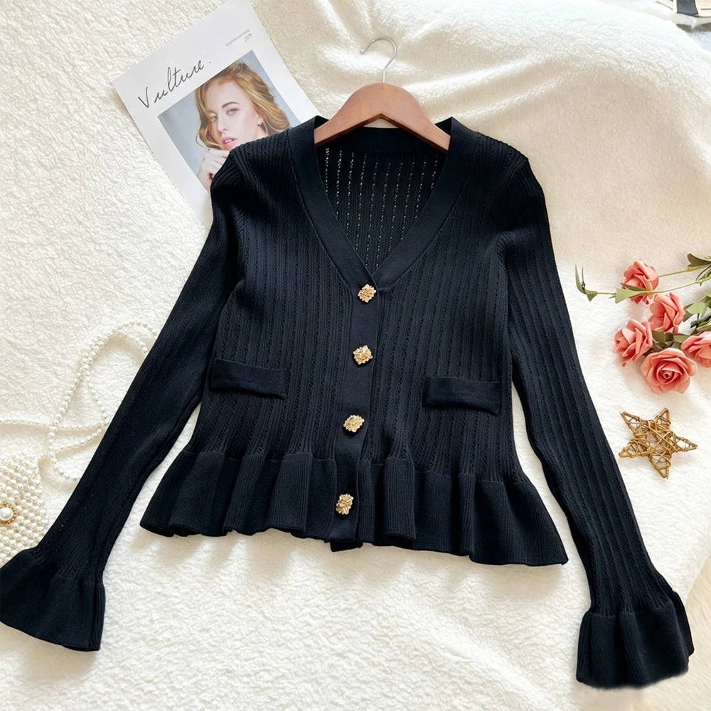 Rhinestone Ruffled Knit Cardigan