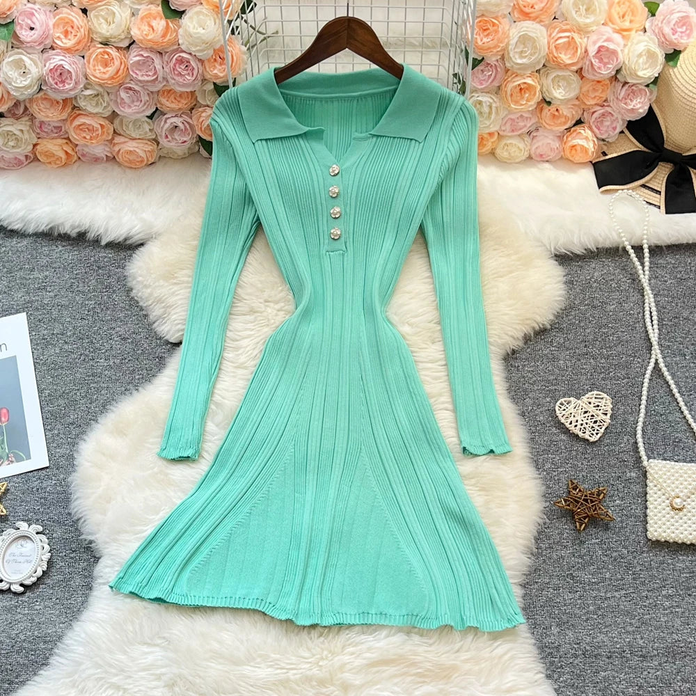 Vintage Collared Knit A-Line Mini Dress