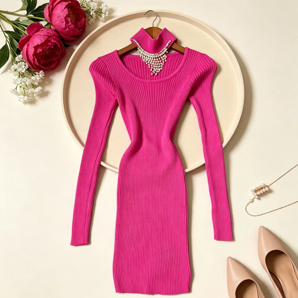 Beaded Knit Bodycon Mini Dress With Scarf