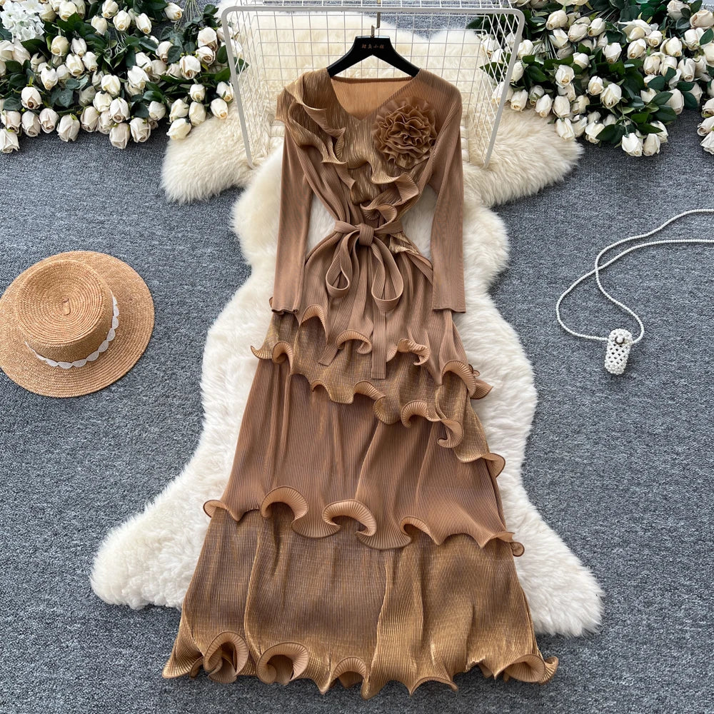 3D Ruffle High Waist Long Sleeve Dress