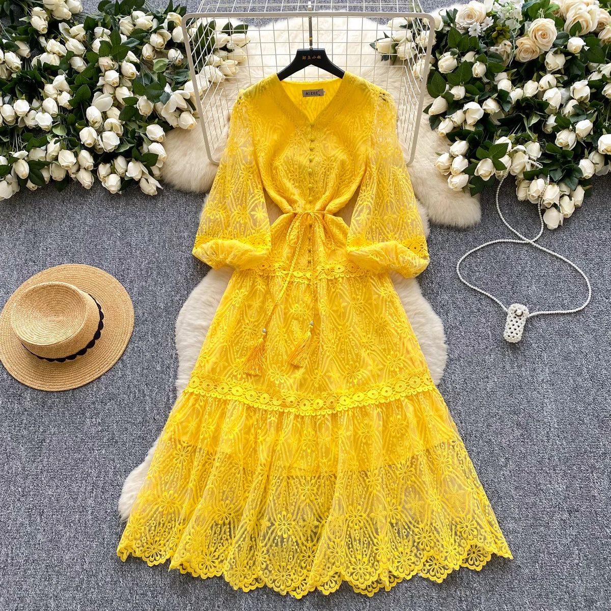 Embroidered Mesh Lace-Up A-Line Dress