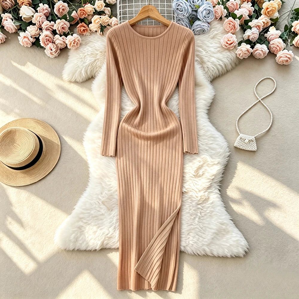 Black Ribbed Long Sleeve Sweater Dress