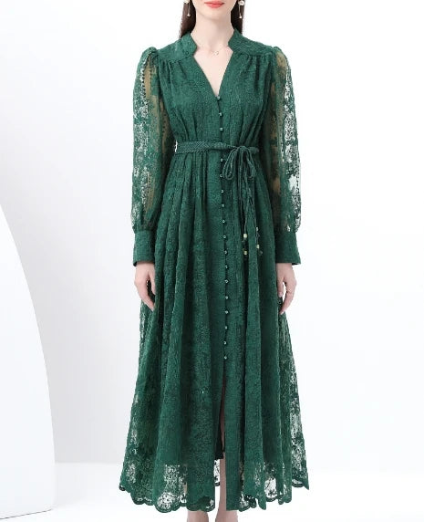 Mesh Drawstring V-Neck Print Dress