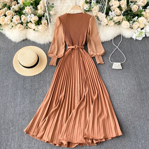 Belted Chiffon Puff Sleeve A-Line Dress
