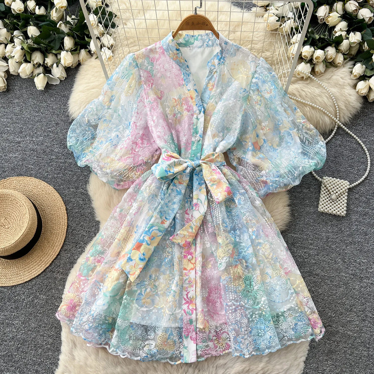 Floral Embroidered Puff Sleeve Tulle Mini Dress