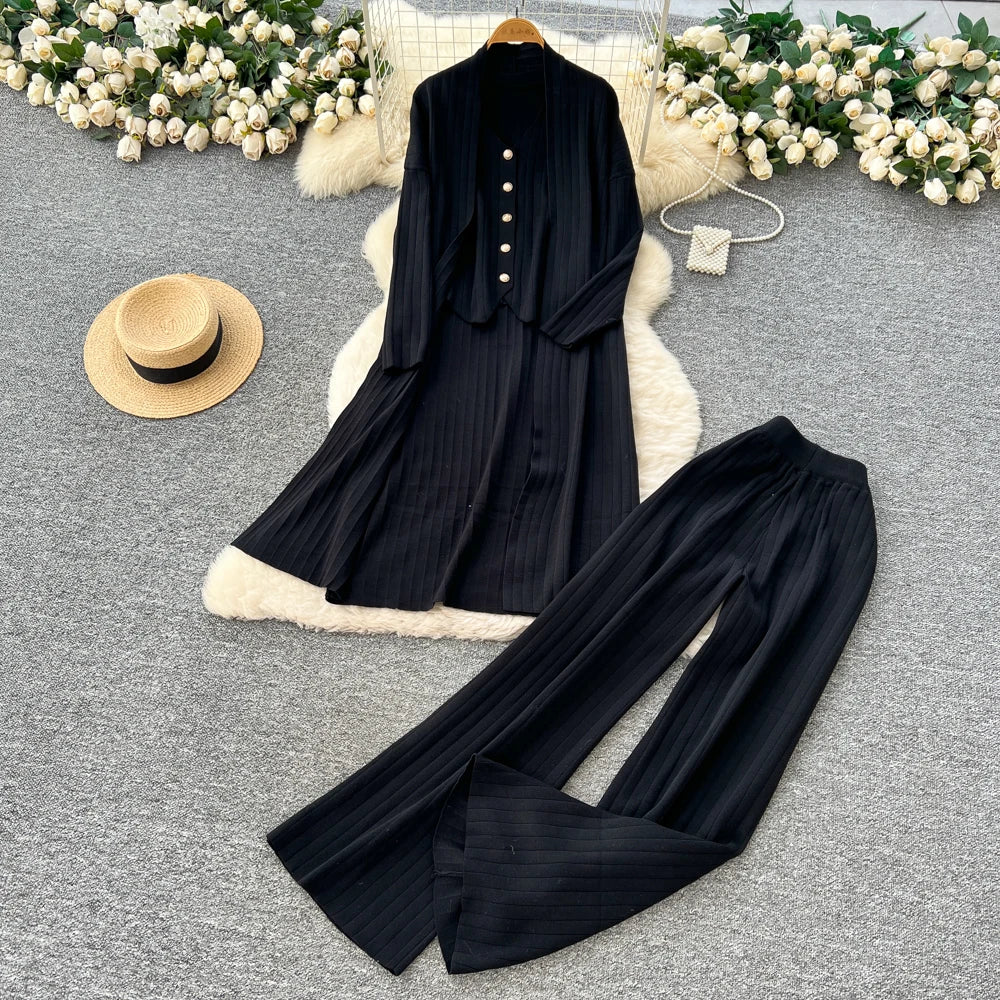 Knit Button Top and Wide Leg Pants Set