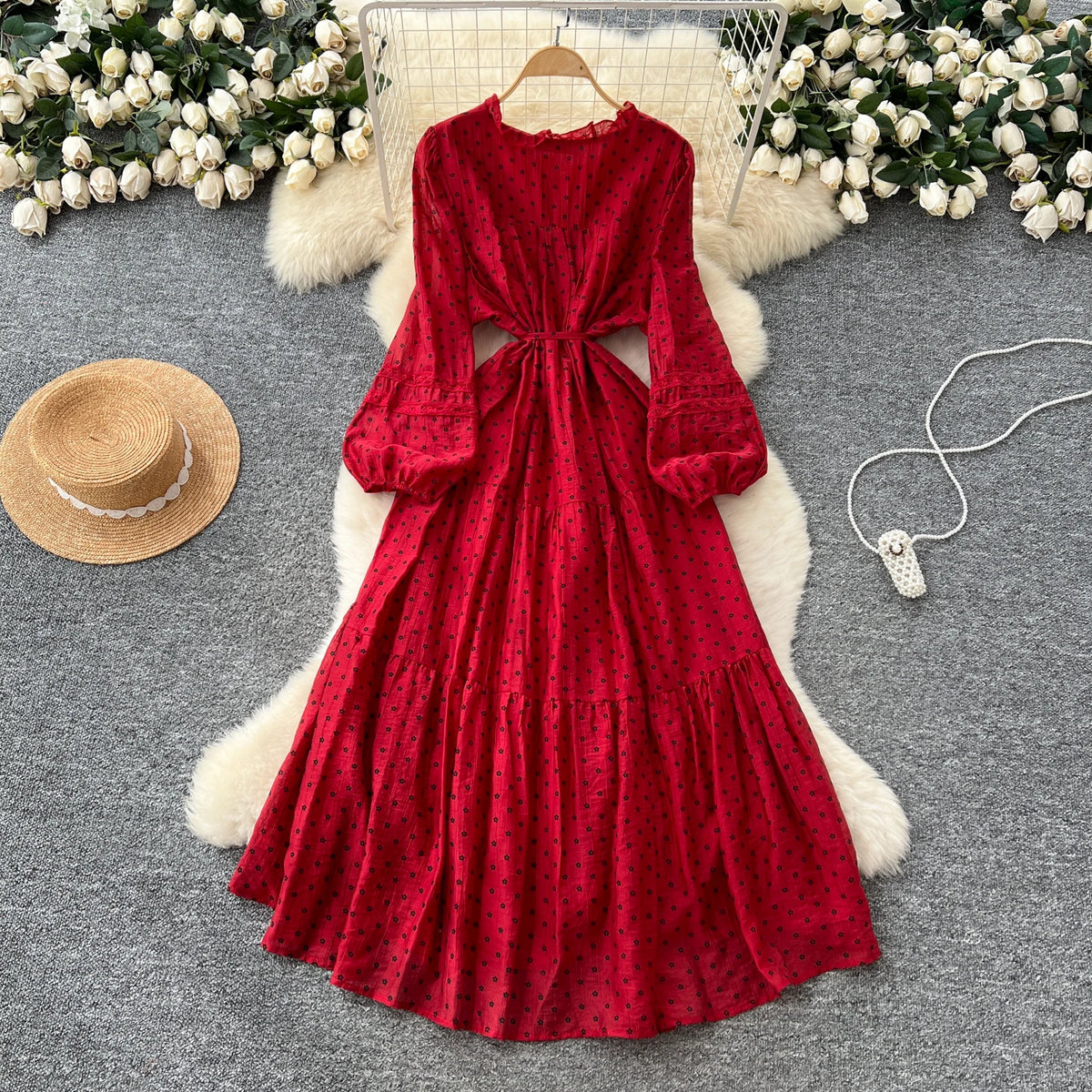 Boho Lace Lantern Sleeve Maxi Dress
