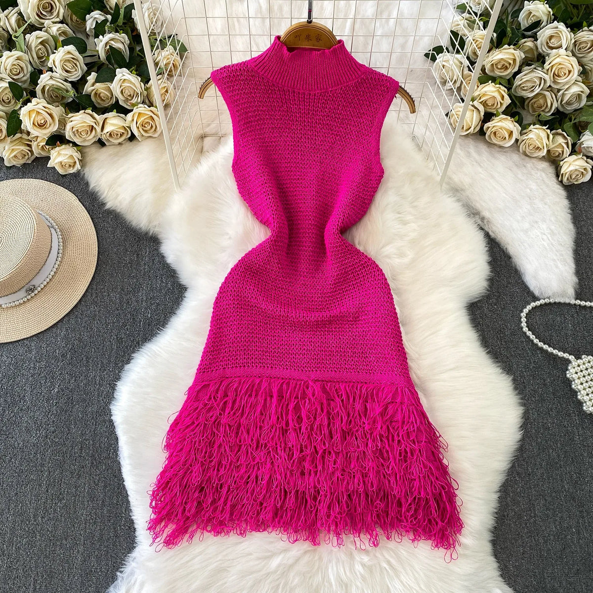 Turtleneck Tassel Bodycon Mini Dress