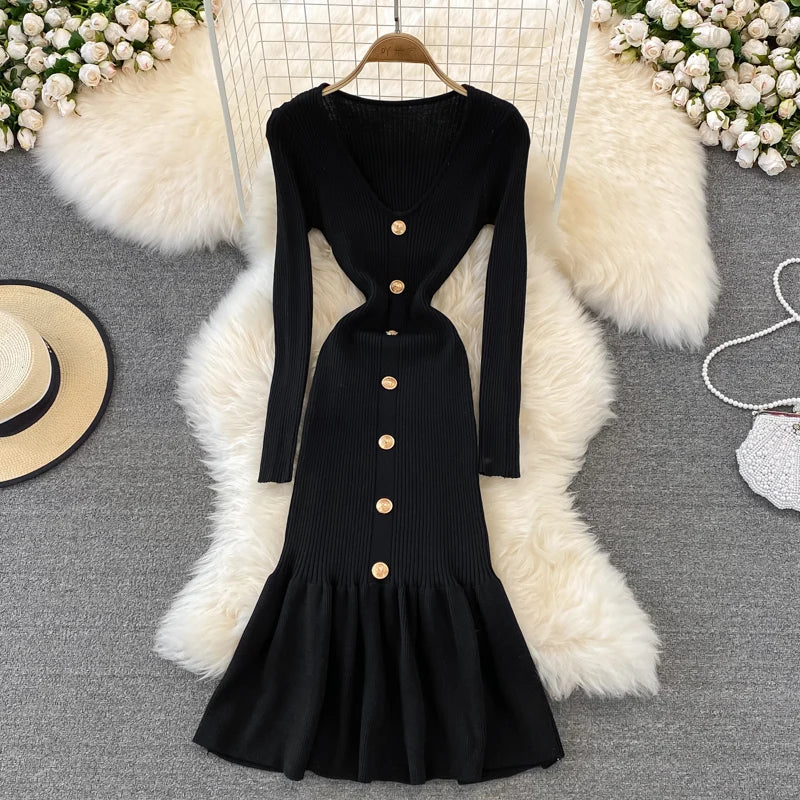 V-Neck Long Sleeve Knit Mermaid Dress
