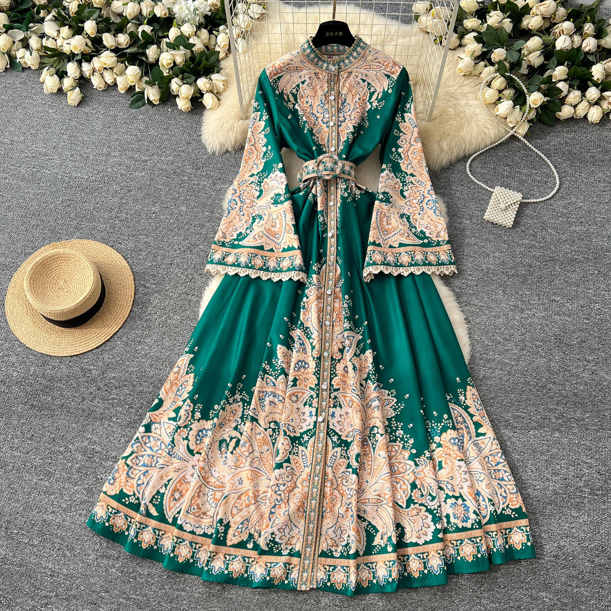 Print Ruched Flare Sleeve Sash Dress