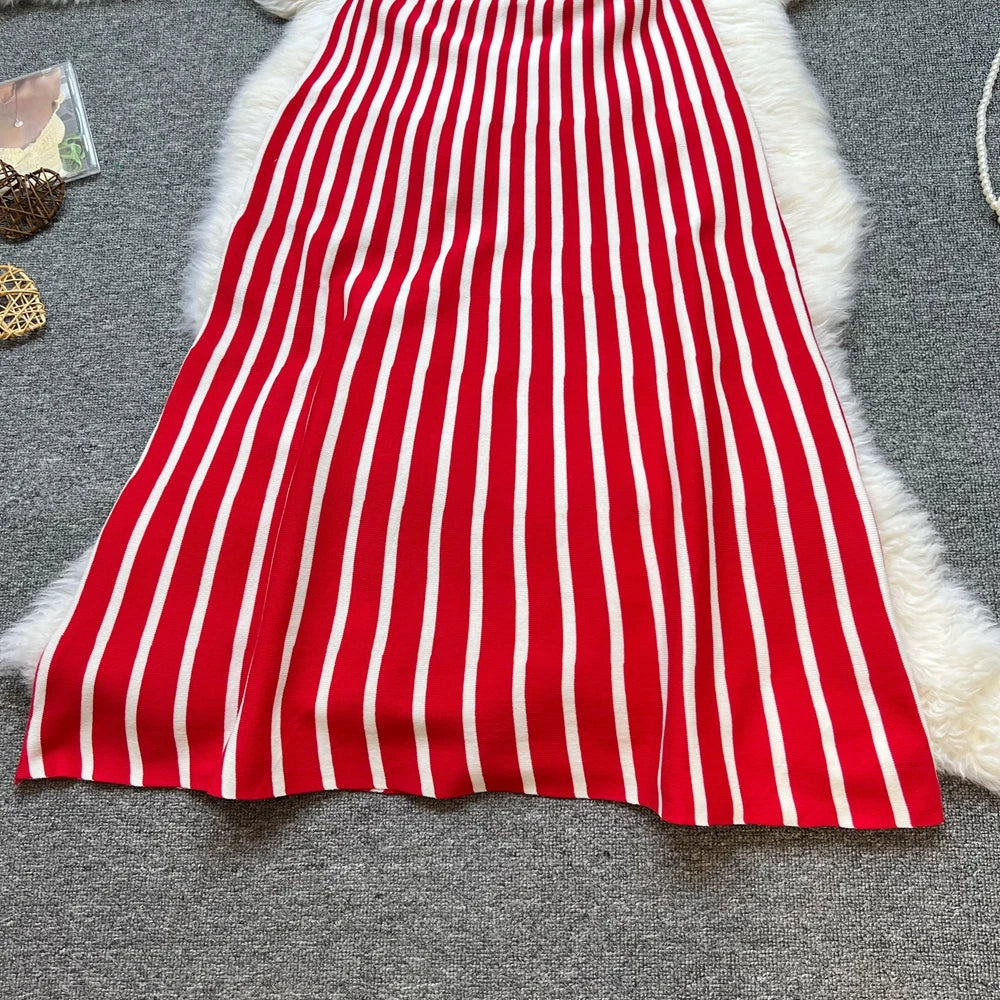 Striped Patchwork Knit Strappy Maxi Dress