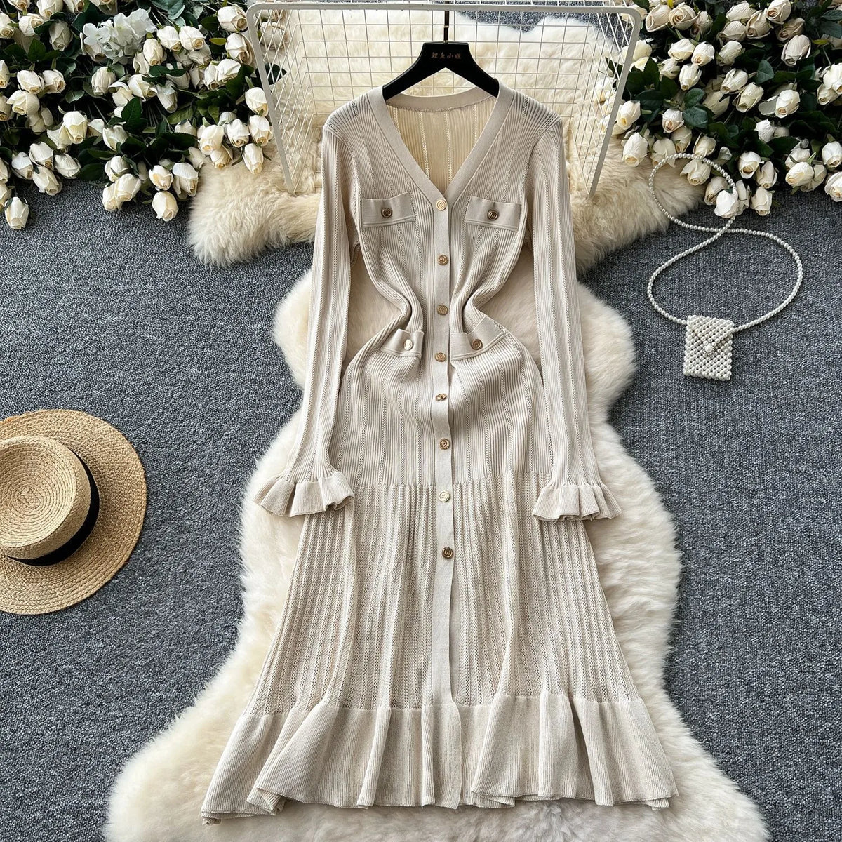 Ruffled Button Knit A-Line Maxi Dress