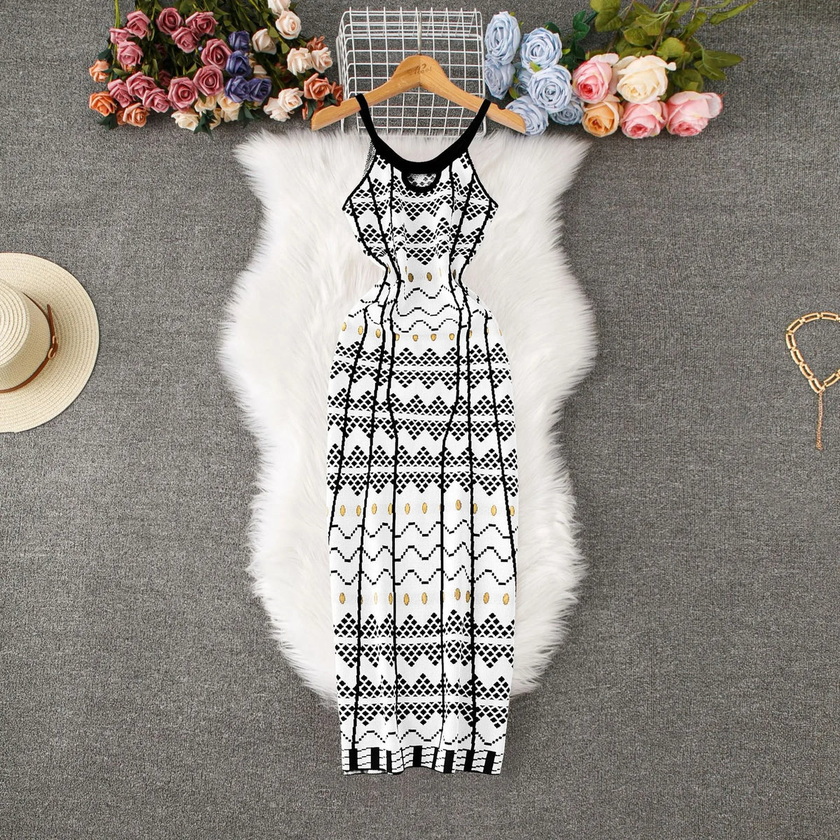 Printed Spaghetti Strap Knit Maxi Dress