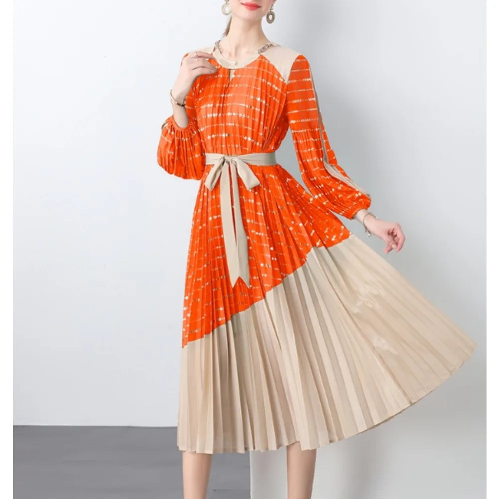 Spliced Print Slim Long Dress