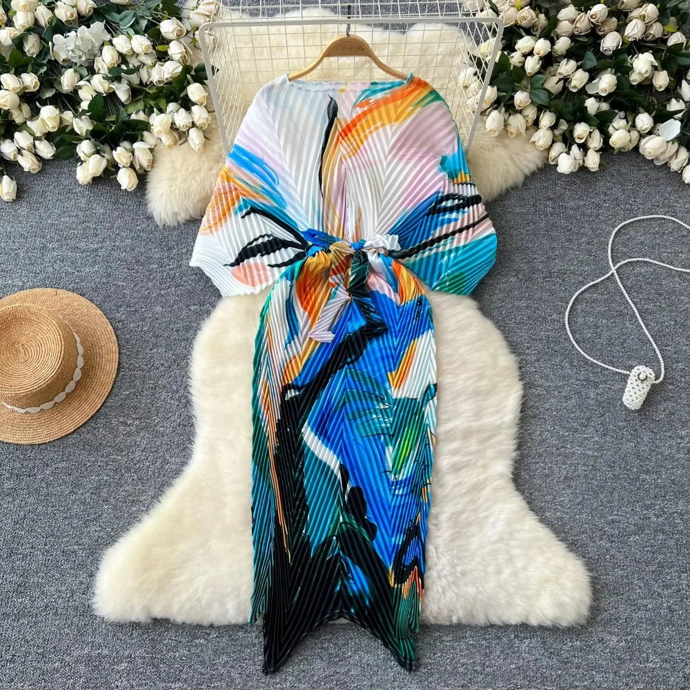 Print Batwing Sleeve Asymmetric Bodycon Dress