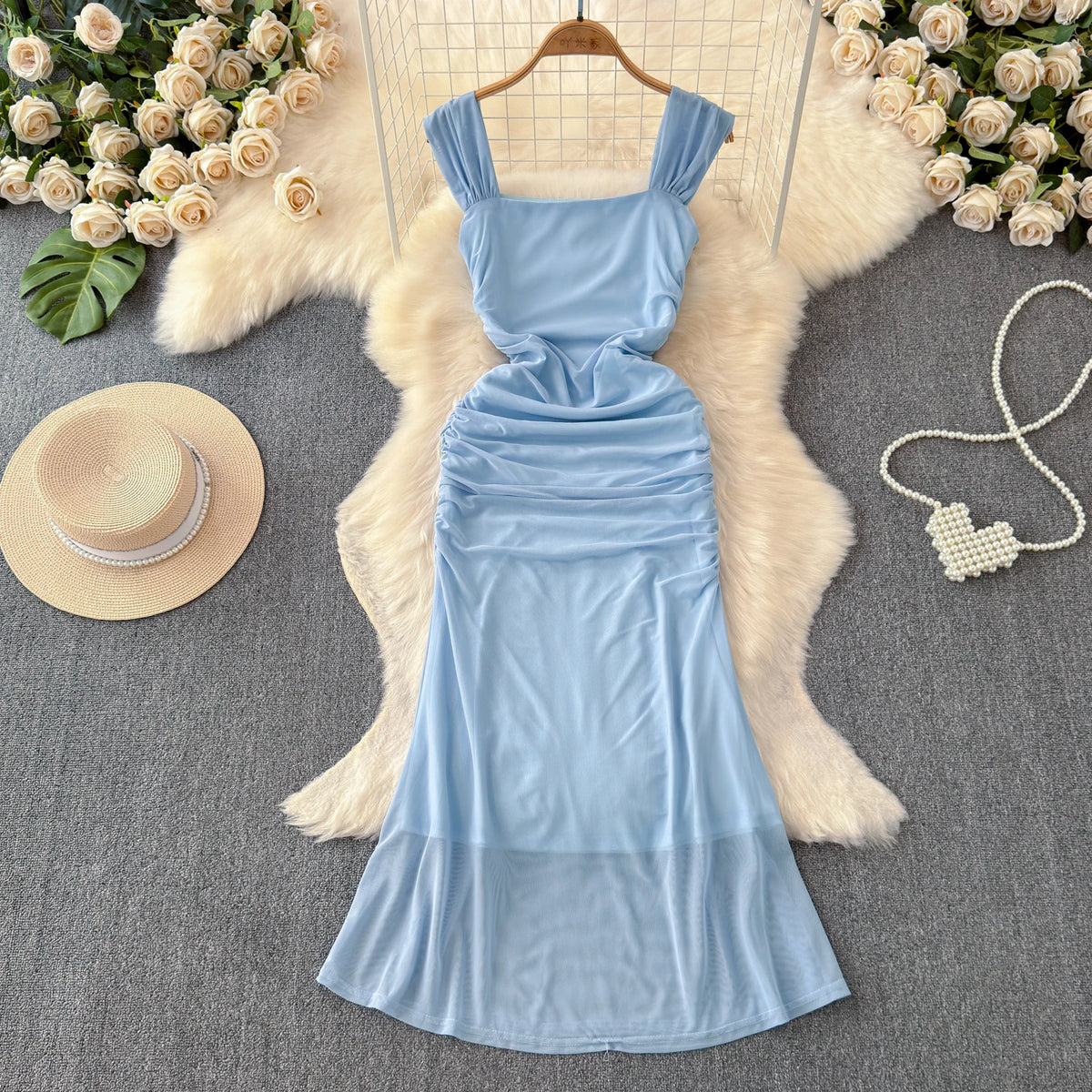 Pleated Mesh A-Line Slip Dress