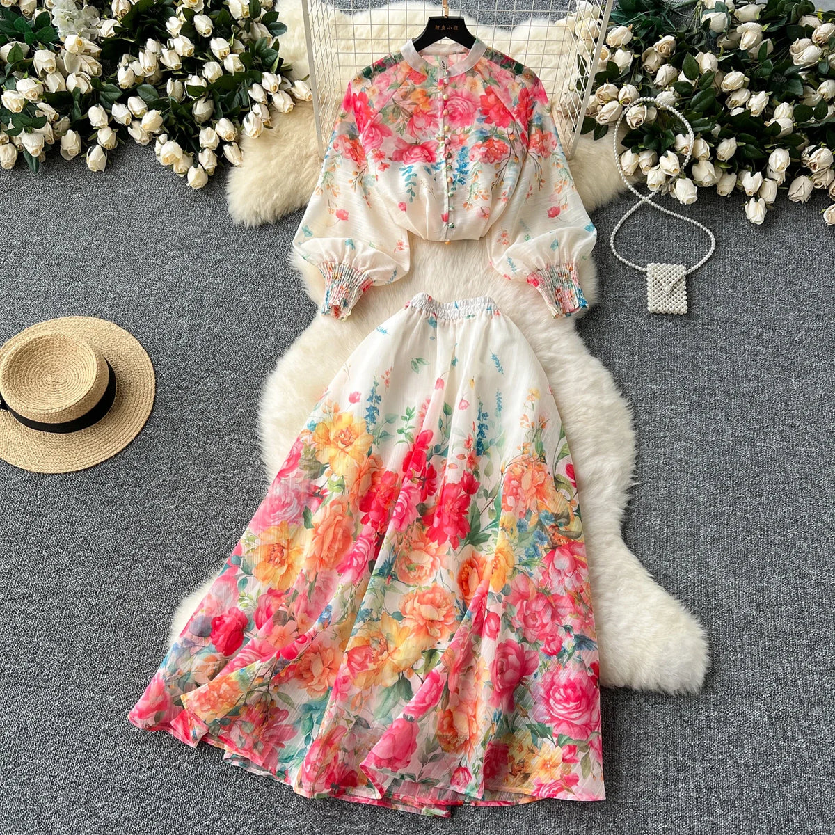 Lantern Sleeve Print Top and Mesh Skirt Set
