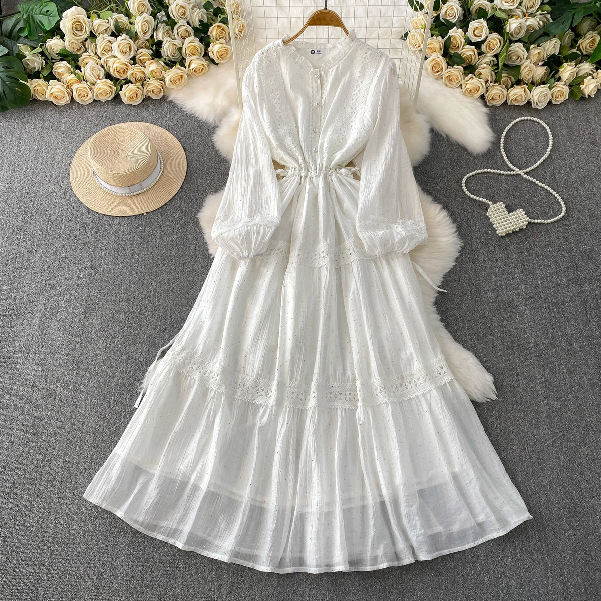 Lace Drawstring Ruched Boho Long Dress
