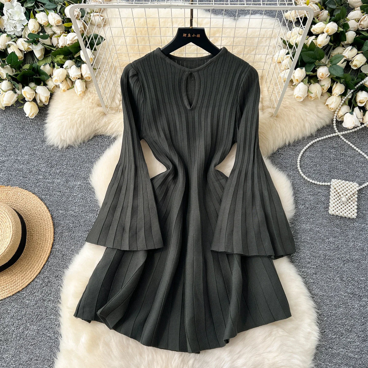 Openwork Knit Flare Sleeve A-Line Dress