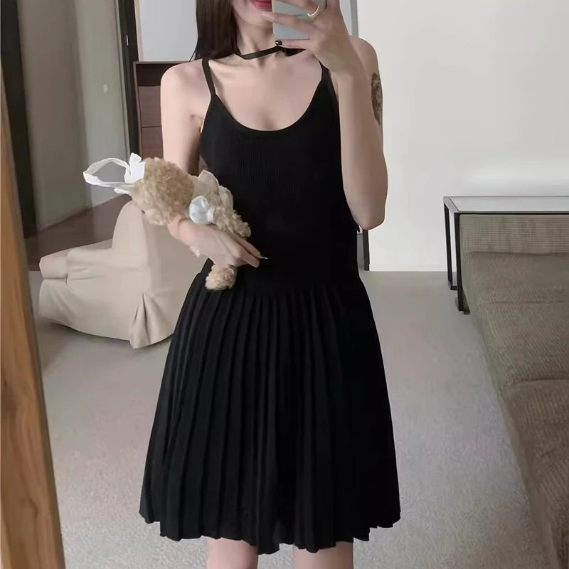 Pleated Knit Spaghetti Strap Mini Dress