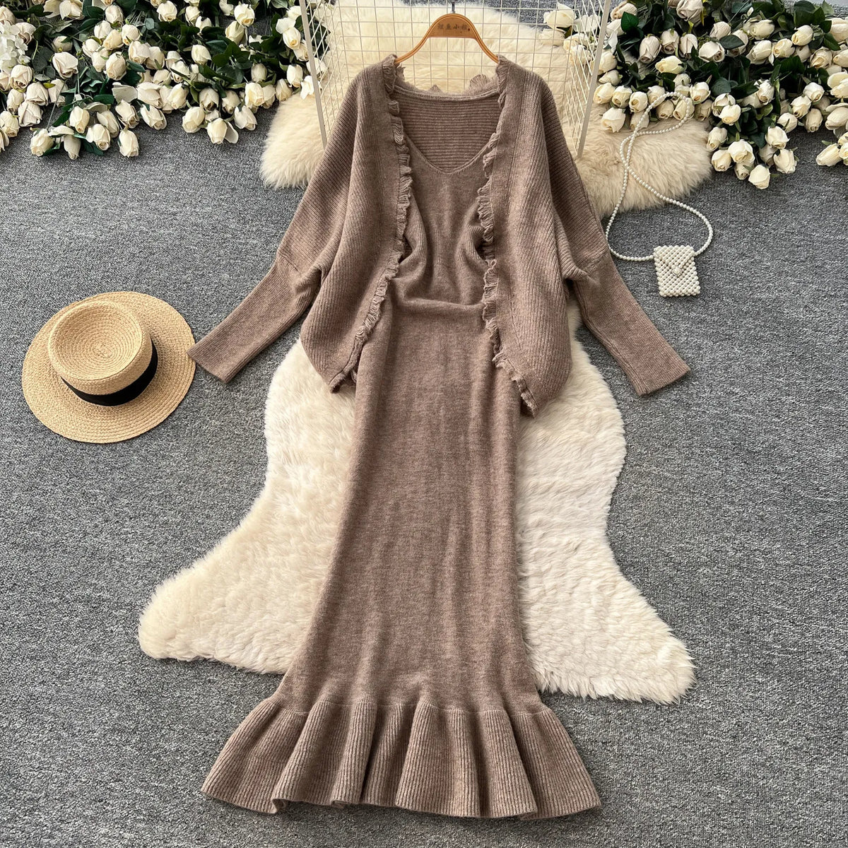 Ruched Cami Mermaid Dress and Knit Cardigan Set