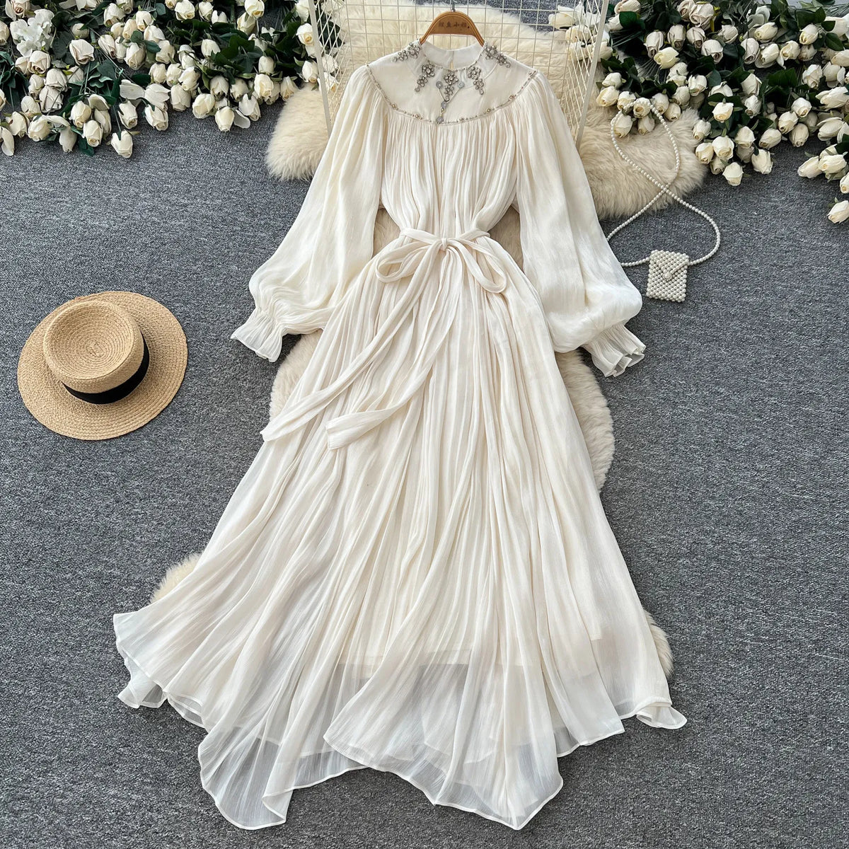 3D Floral Rhinestone Chiffon A-Line Dress