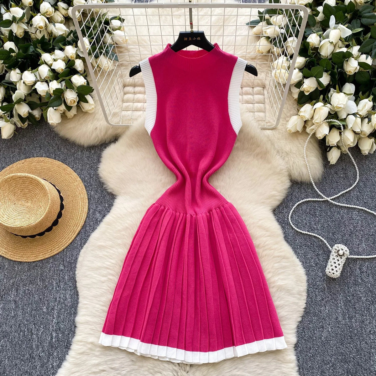Pleated Knit Mini Dress