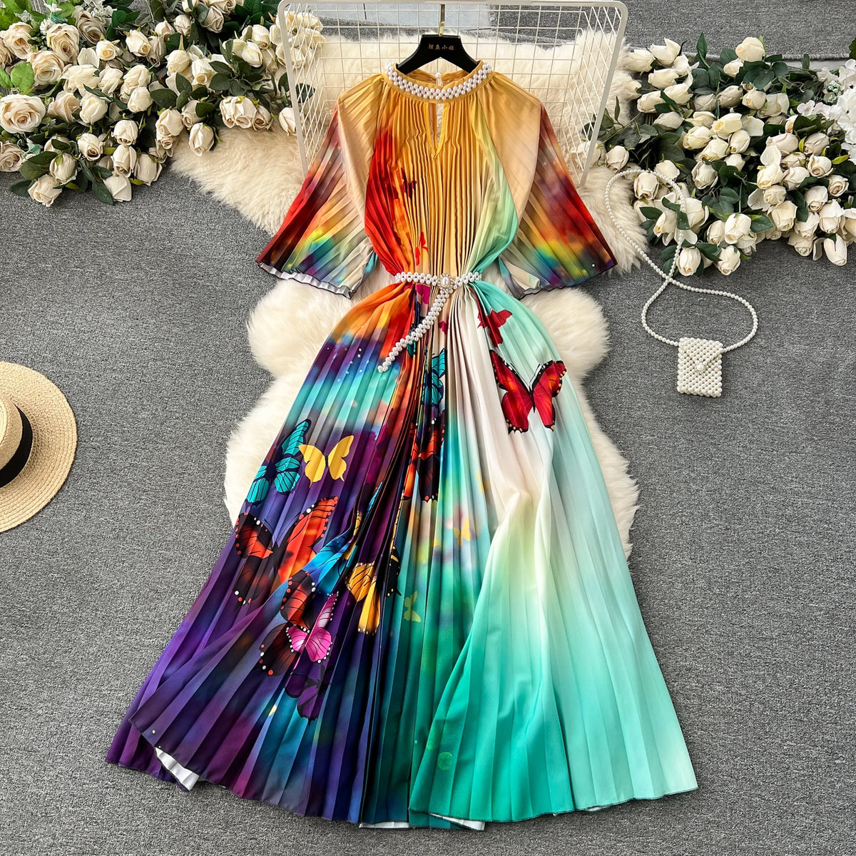 Beaded Print Pleated A-Line Dress