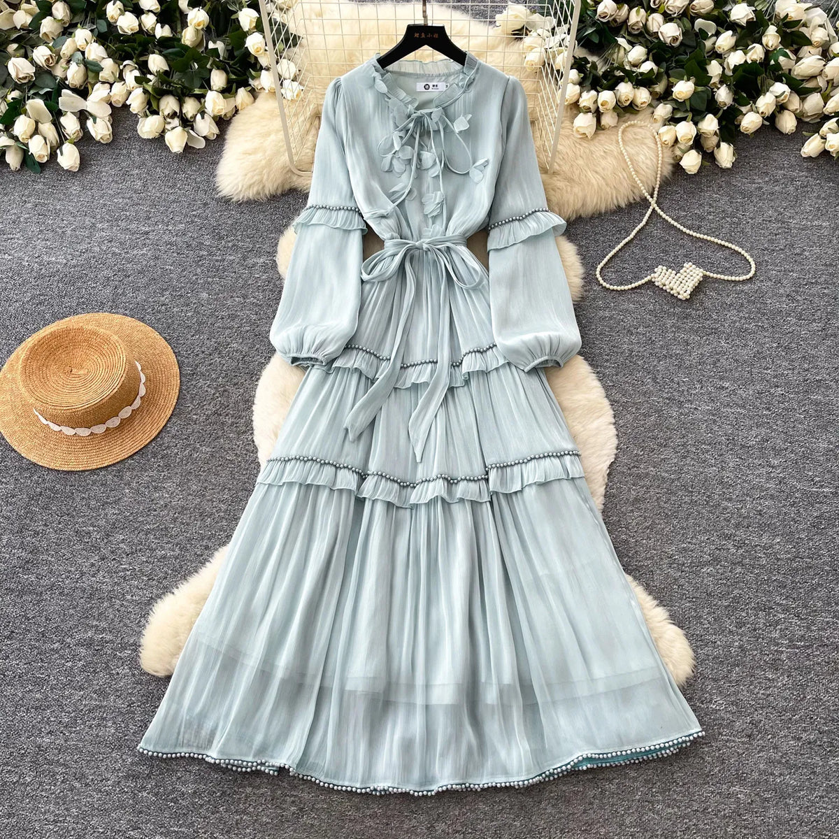 Floral Lace-Up Ruched Long Sleeve Dress