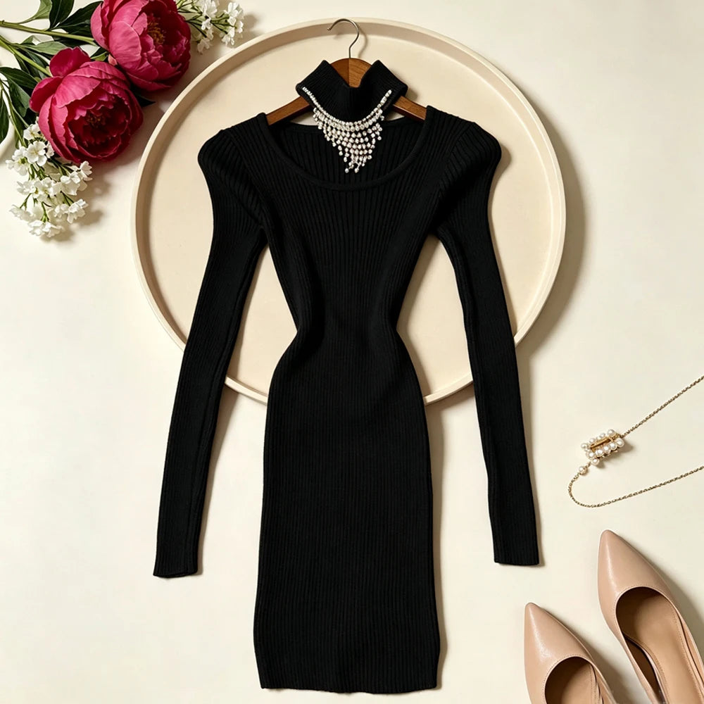 Beaded Knit Bodycon Mini Dress With Scarf