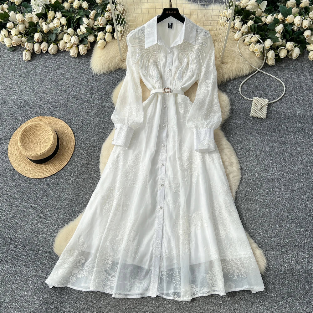 Beaded Button Long Sleeve Party Dress