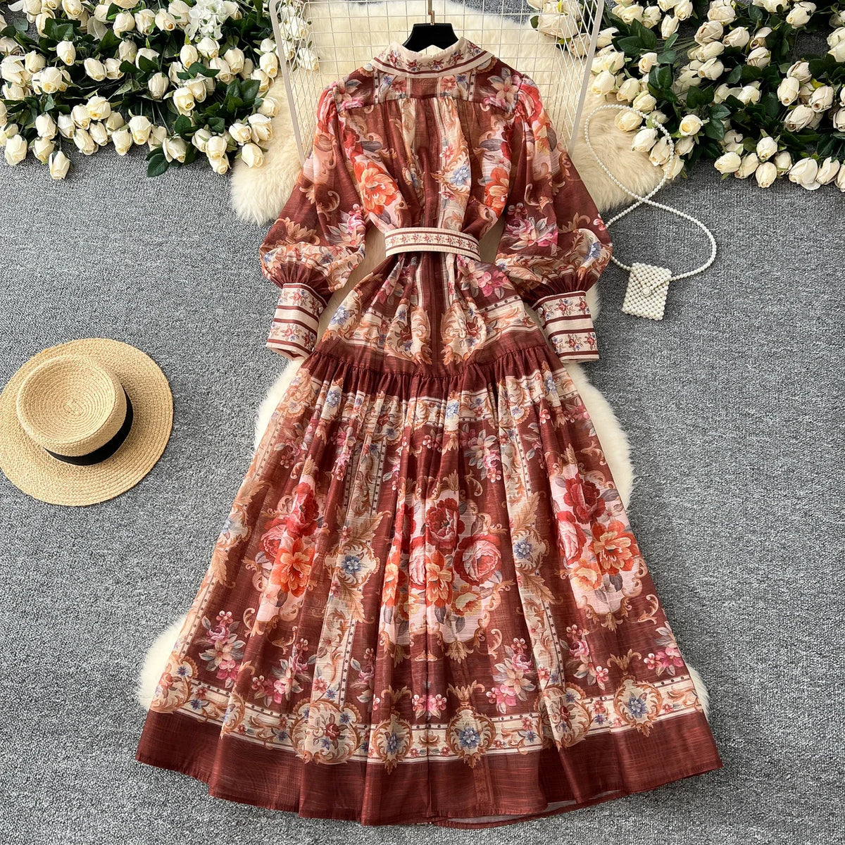 Print Lantern Sleeve Collared Maxi Shirt Dress