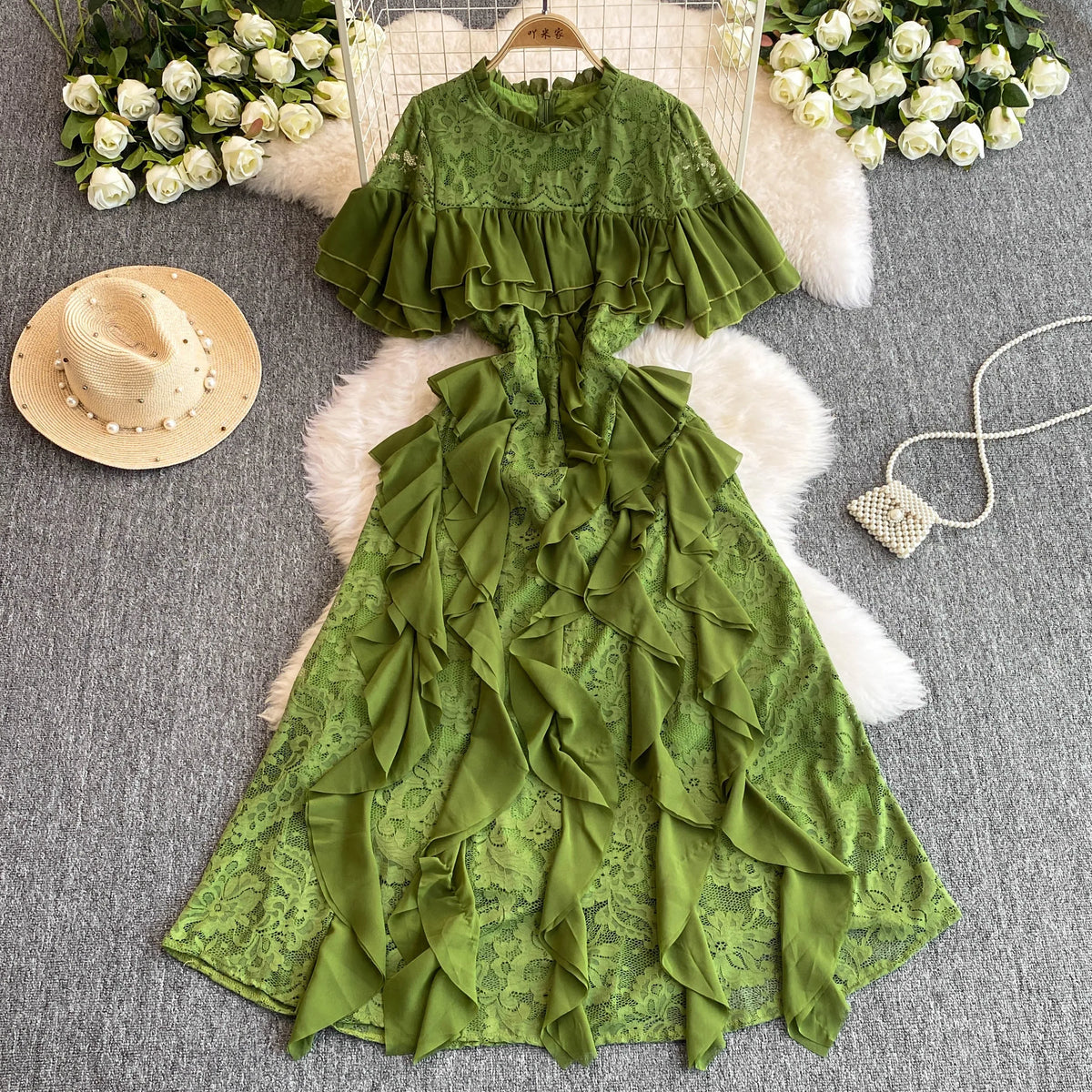Lace Ruffle O-Neck Short Sleeve Dress