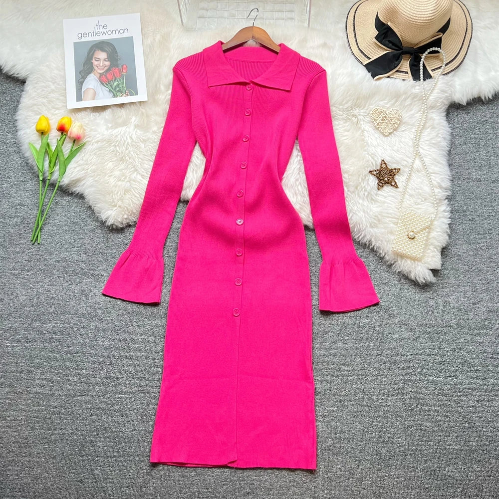 Button-Front Knit Shirt Sweater Dress