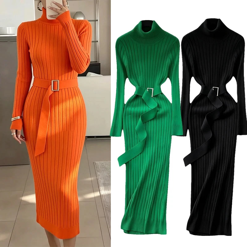 Ribbed Turtleneck Knit Bodycon Maxi Dress