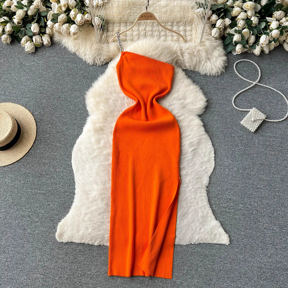Chain One-Shoulder Split Knit Maxi Dress