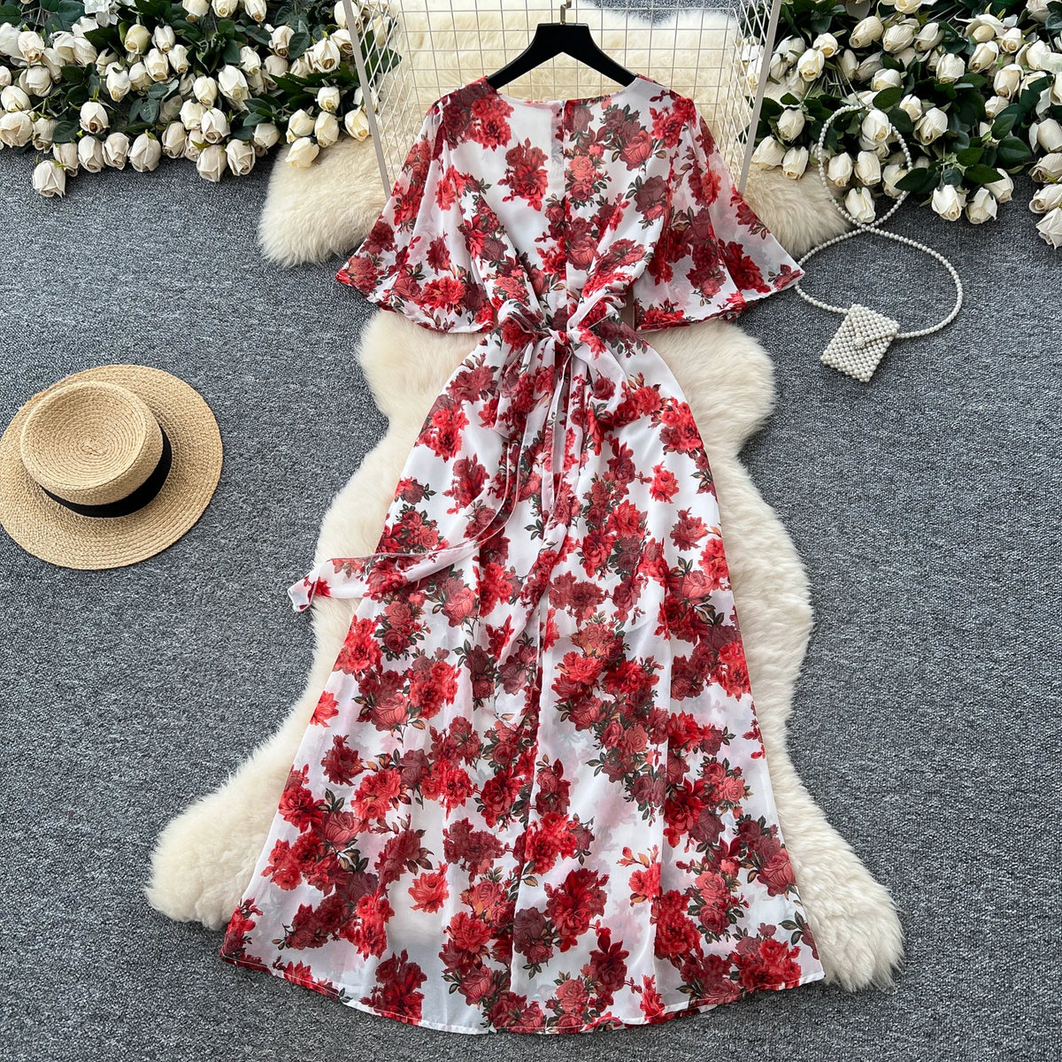 Split V-Neck Short Sleeve Boho Dress