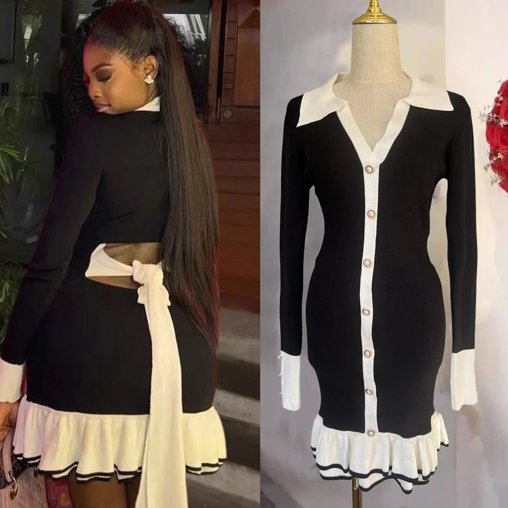 Backless Ruffled Knit Bodycon Mini Dress