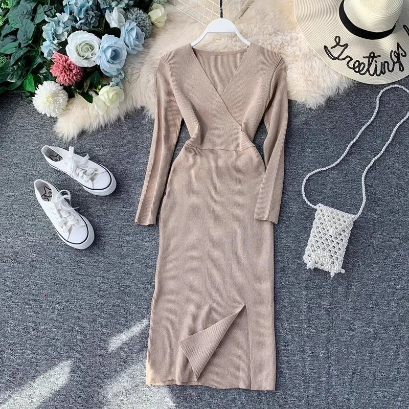 Metallic V-Neck Knit Sweater Dress