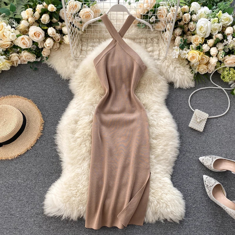 Halter Criss-Cross Backless Knit Dress