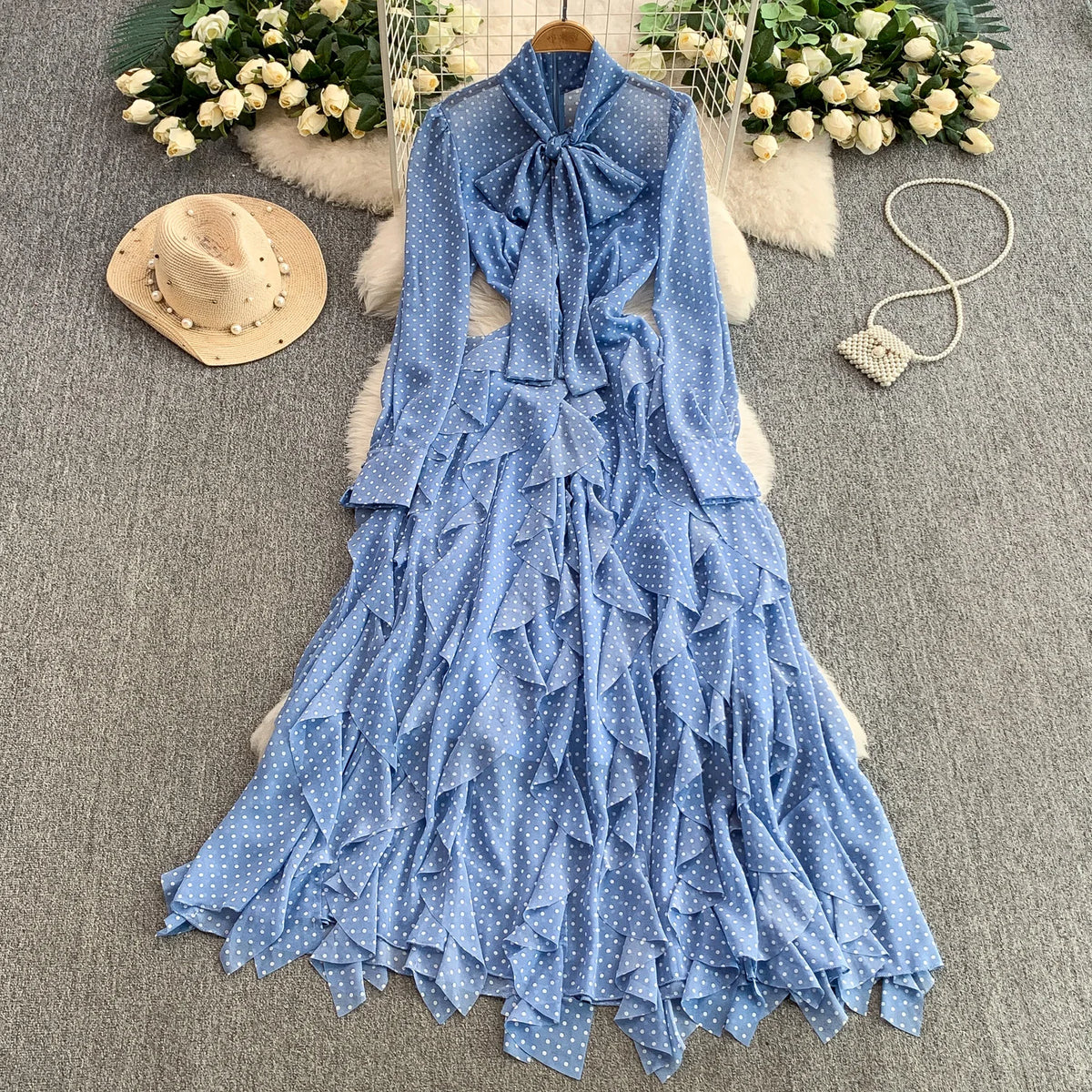 Polka Dot Ruched Butterfly Maxi Dress