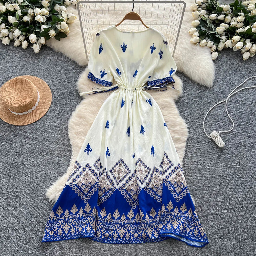 Print Lace-Up Ruched V-Neck Maxi Dress