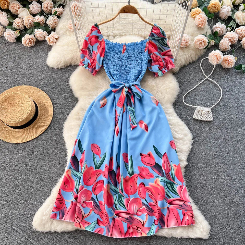 Floral Square Neck Ruched Maxi Sundress