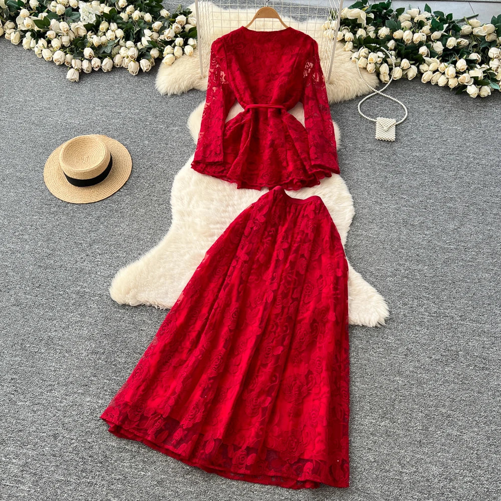 Embroidered Mesh Two Piece Dress Set