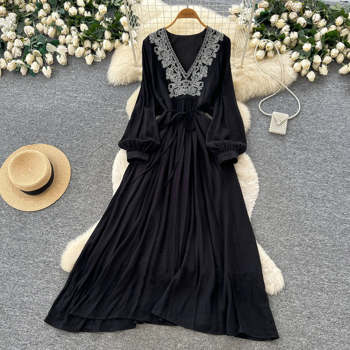 Embroidered V-Neck Tie Maxi Dress